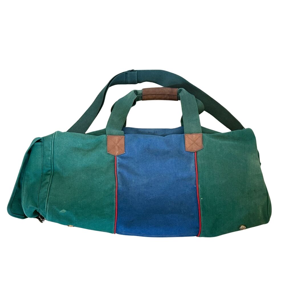 Vintage Canvas Duffle Bag Green Blue with Leather Trim 80s 90s Gym Travel
